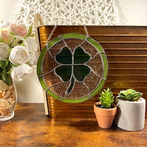 Stained Glass Clover Circle Suncatcher – Handmade Lucky Home Decor Irish Pride Window Gift