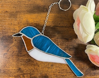 Bluebird Suncatcher – Gebrandschilderd glas blauw wit oranje natuur raamdecoratie Sun Catcher cadeau-ornament