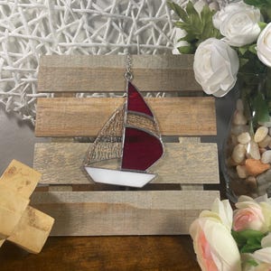 Red Stained Glass Sailboat Suncatcher: Nautical Window Decor