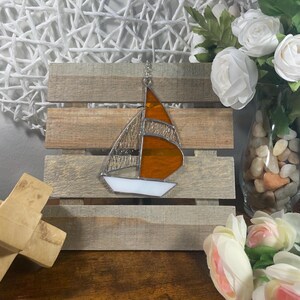 Stained Glass Orange Sailboat Suncatcher: Coastal Window Decor