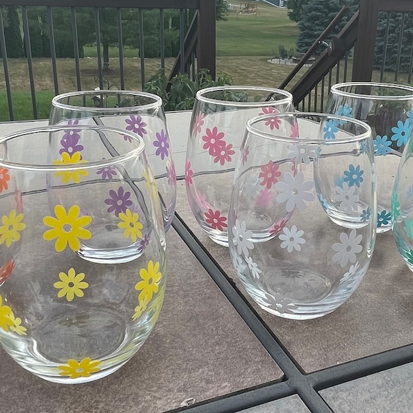 flower stemless wine glass tumbler Daisy  tumbler daisy glass wine daisy flower glass daisy glass stemless wine glass wine glass cups