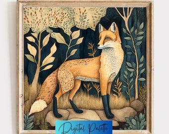 Whimsical Fox in Folk Art Style - Digital Wall Art Download - Tree Motif - 1:1 Aspect Ratio - JPEG and PDF Files