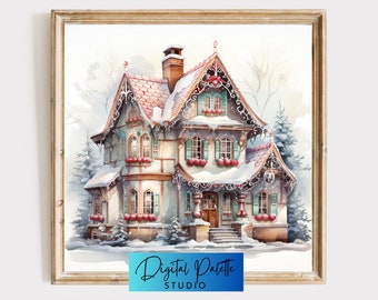 Pastel Gingerbread House 6 - Christmas-Core Digital Wall Art - 1:1 Aspect Ratio - JPEG and PDF Files