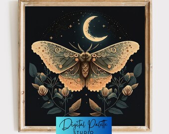 Puede incluir: Una ilustración digital de una polilla con alas verdes y doradas sobre un fondo azul oscuro con una luna creciente y estrellas. La polilla está rodeada de hojas verdes y flores blancas. El texto "Digital Palette Studio" está en la parte inferior de la imagen.