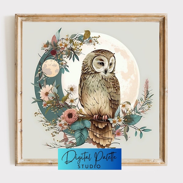 Colorful Owl and Moon - Digital Print - Dark Academia - Vintage Home Décor - Dark Aesthetic - Moody Gallery Wall - Dark Cottagecore - Boho