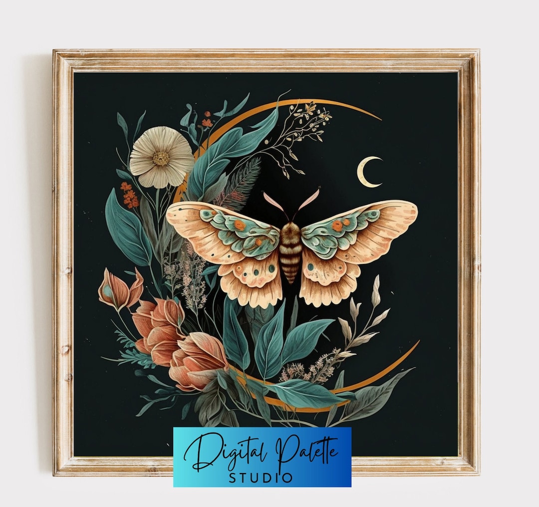 Colorful Moth and Moon - Digital Print - Dark Academia - Vintage Home ...
