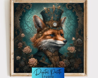 Steampunk Fox - Digital Print - Dark Academia - Vintage Home Décor - Dark Aesthetic - Moody Gallery Wall  - Animal Art - Cat Tax - Teal