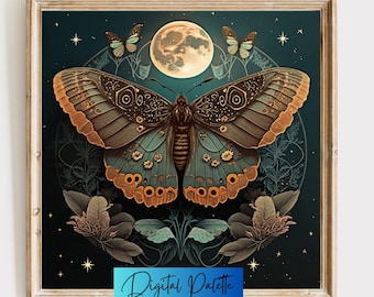 Colorful Moth and Moon - Digital Print - Dark Academia - Vintage Home Décor - Dark Aesthetic - Moody Gallery Wall - Dark Cottagecore