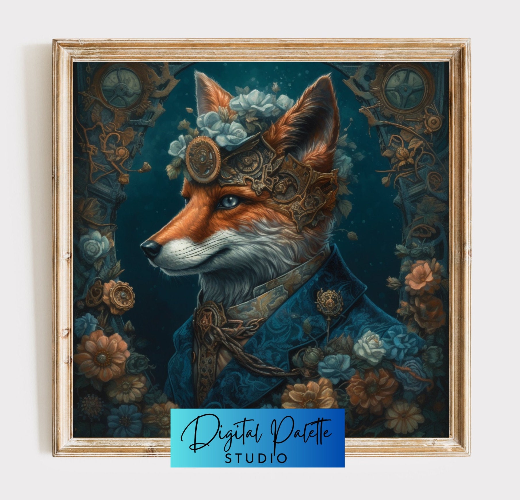 Steampunk Fox - Digital Print - Dark Academia - Vintage Home Décor - Dark Aesthetic - Moody Gallery Wall  - Animal Art - Cat Tax - Teal