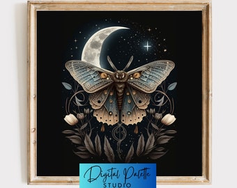 Puede incluir: Una polilla azul oscuro y marrón con intrincados dibujos está rodeada de delicadas enredaderas florales y una luna creciente. El fondo es azul oscuro con un cielo estrellado. El texto "Digital Palette Studio" está en la parte inferior de la imagen.