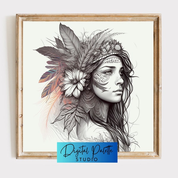 Boho Woman - Téléchargement numérique - Boho Wall Art Print - Coiffe de plumes - Décor de maison du sud-ouest - Décor neutre - Dessin Illustrations