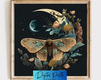 Colorful Moth and Moon - Digital Print - Dark Academia - Vintage Home Décor - Dark Aesthetic - Moody Gallery Wall - Dark Cottagecore - Boho