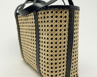 The Classic Rattan Cane Tote in Black Leather