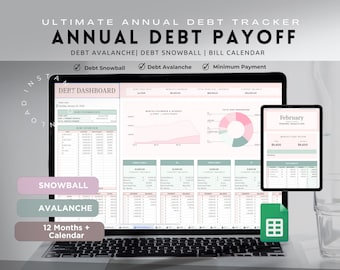 May include: A laptop screen displaying a spreadsheet with the title "Debt Dashboard". The spreadsheet is organized into columns and rows with headings such as "Debt Information", "Debt Overview", and "Monthly Payments & Interest". The spreadsheet also includes a pie chart and a line graph. The laptop is on a desk with a glass of water and a smartphone displaying a calendar.