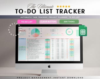 May include: A computer screen displaying a spreadsheet with a to-do list tracker. The spreadsheet has a calendar, pie chart, and a progress bar. The title of the spreadsheet is "The Ultimate To-Do List Tracker".
