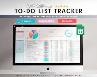 Könnte beinhalten: Ein Computerbildschirm zeigt eine Tabellenkalkulation mit einem To-Do-Listen-Tracker. Die Tabellenkalkulation enthält einen Kalender, ein Kreisdiagramm und Datentabellen. Der Titel der Tabellenkalkulation lautet "The Ultimate To-Do List Tracker".