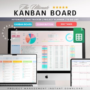 Kanban Board Fogli Google / Modello di elenco delle cose da fare Task Tracker / Strumento di gestione dei progetti Diagramma di Gantt Calendario / Foglio di calcolo del pianificatore digitale