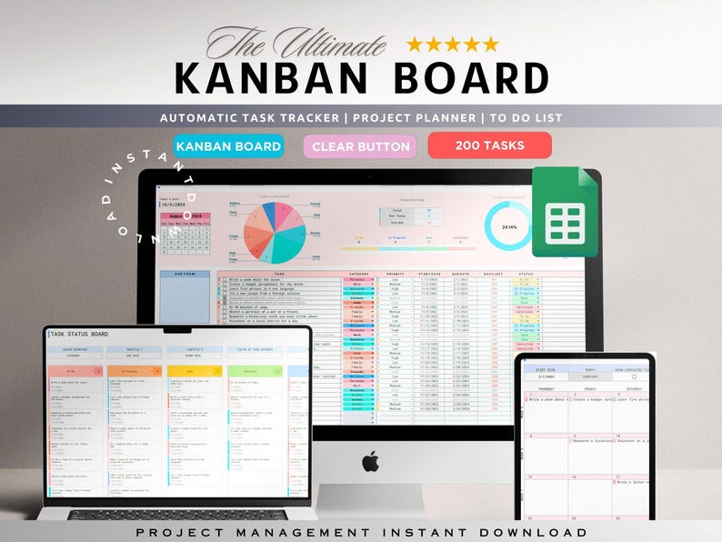 May include: A digital Kanban board displayed on a laptop, desktop, and tablet. The screens show task tracking, project planning, and to-do lists. The text on the screen includes "Kanban Board", "Clear Button", and "200 Tasks". The overall theme is project management.