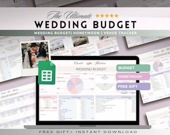 May include: A digital wedding budget planner with a spreadsheet interface. The planner includes sections for wedding budget, honeymoon budget, and free gift. The planner is available for instant download.