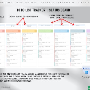 May include: A digital to-do list tracker and status board with a white background. The board is divided into columns with headers like "To Do," "In Progress," and "Done." Text includes "Choose Labels," "Choose Subtitles," and "Filter Tasks." The bottom text reads "Utilize the Status Board."