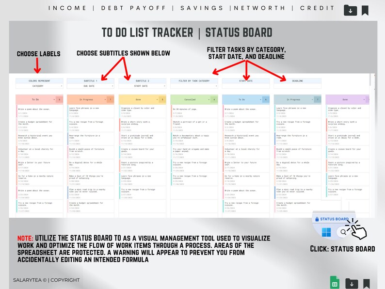 May include: A digital to-do list tracker and status board with a white background. The board is divided into columns with headers like "To Do," "In Progress," and "Done." Text includes "Choose Labels," "Choose Subtitles," and "Filter Tasks." The bottom text reads "Utilize the Status Board."