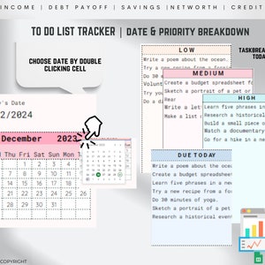 May include: A digital to-do list tracker with a date and priority breakdown. The interface includes a calendar for date selection, task categories labeled Low, Medium, and High, and a section for tasks due today. The text includes "Choose Date by Double Clicking Cell".