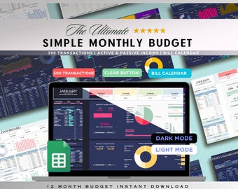 Monthly Budget Planner Google Sheets | Budget, Bills, & Savings Template, Calendar Expense Tracker | Weekly Digital Financial Dark Planner