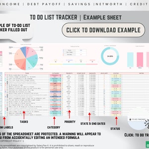 May include: A digital to-do list tracker example sheet with a calendar, pie chart, progress bars, and task list. The sheet includes sections for tasks, category, priority, start and end dates, and status. The text "CLICK TO DOWNLOAD EXAMPLE" is visible.
