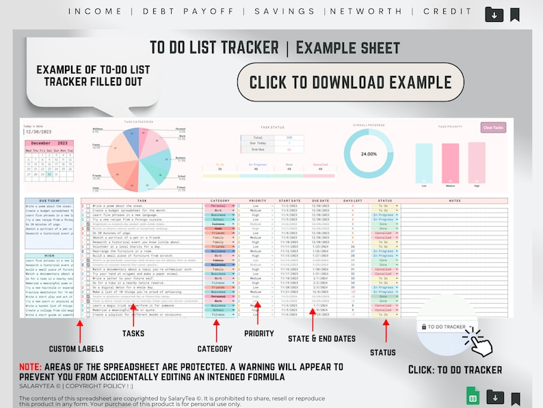May include: A digital to-do list tracker example sheet with a calendar, pie chart, progress bars, and task list. The sheet includes sections for tasks, category, priority, start and end dates, and status. The text "CLICK TO DOWNLOAD EXAMPLE" is visible.