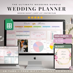 May include: A digital wedding planner with 18 tabs, a budget section, and a seating chart. The planner is shown on a computer screen with a cake in the background. The text "1000 Guests" and "18 Tabs" are visible on the screen.