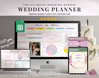 May include: A digital wedding planner with 18 tabs, a budget section, and a seating chart. The planner is shown on a computer screen with a cake in the background. The text "1000 Guests" and "18 Tabs" are visible on the screen.