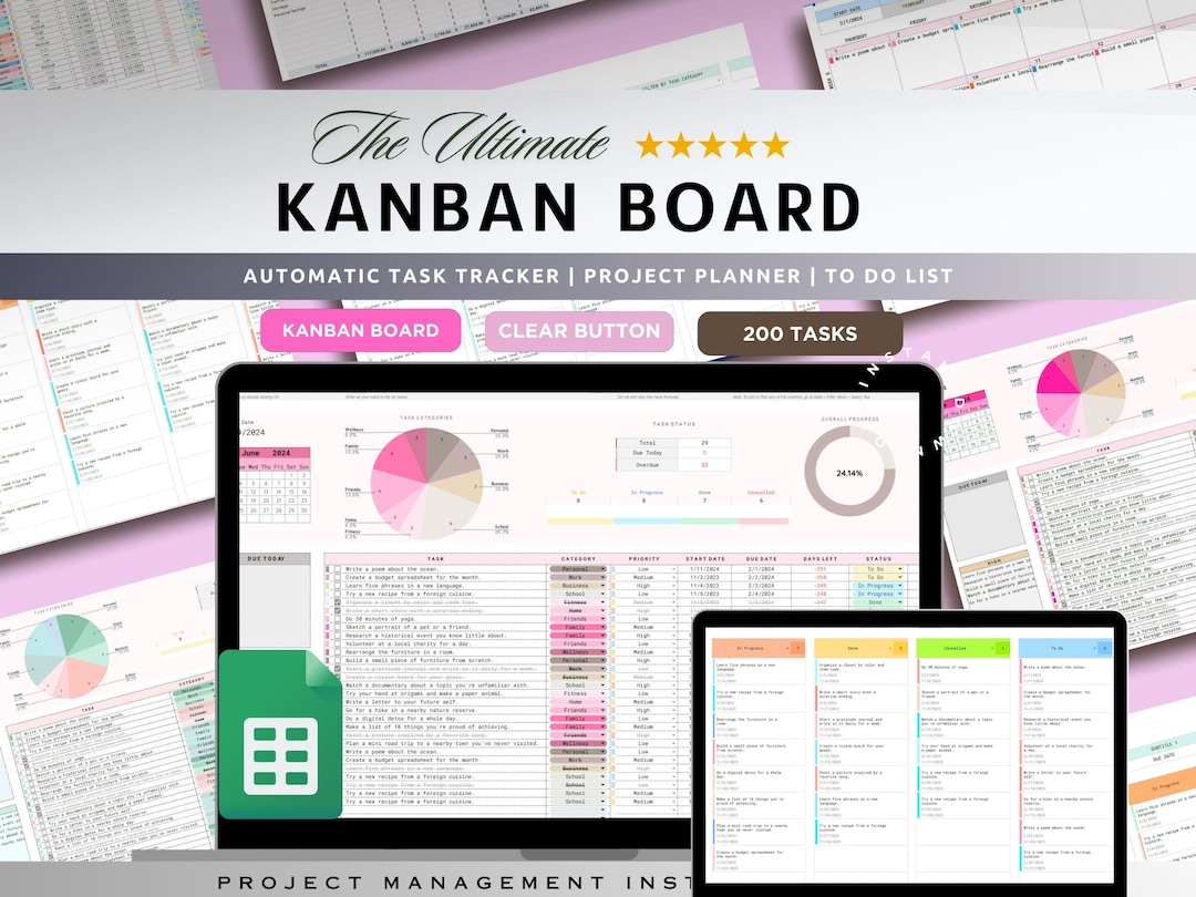 Kanban Board Google Sheets | to Do List Template Task Tracker | Project ...