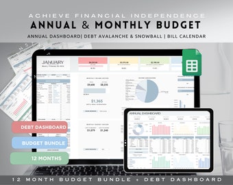 Annual & Monthly Budget Spreadsheet | Google Sheets Template | Financial Planner | Debt Dashboard | Savings | Expense Tracker + Video