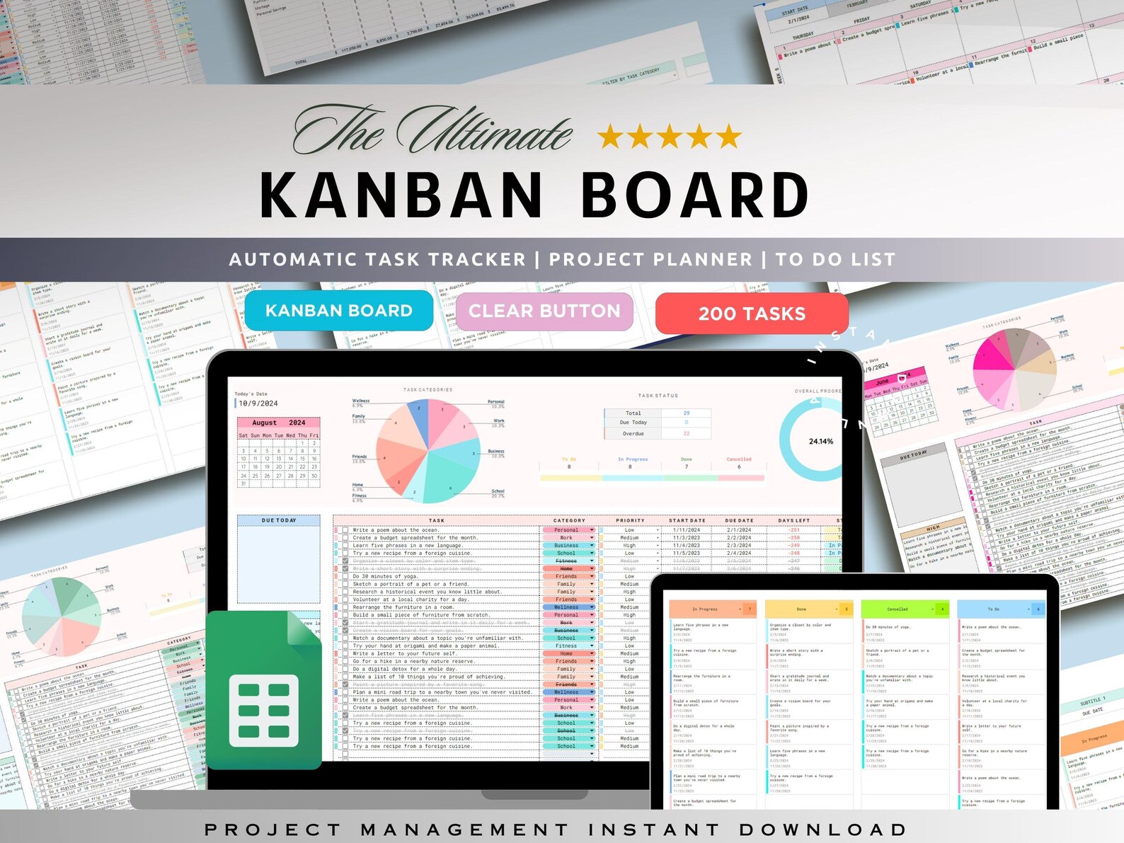 Kanban Board Google Sheets | to Do List Template Task Tracker | Project ...
