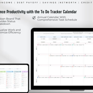 May include: A laptop and tablet displaying a to-do tracker calendar. The laptop screen shows a detailed calendar view with task entries. The tablet displays a Kanban board. Text includes "Enchance Productivity with the To Do Tracker Calendar."