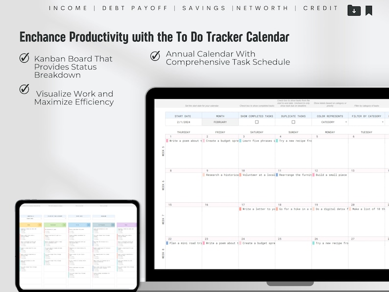 May include: A laptop and tablet displaying a to-do tracker calendar. The laptop screen shows a detailed calendar view with task entries. The tablet displays a Kanban board. Text includes "Enchance Productivity with the To Do Tracker Calendar."