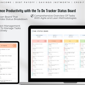 May include: A digital task management board displayed on a laptop and tablet. The screen shows a "To Do Tracker Status Board" with task categories and a list of tasks. The text reads "Enchance Productivity with the To Do Tracker Status Board."