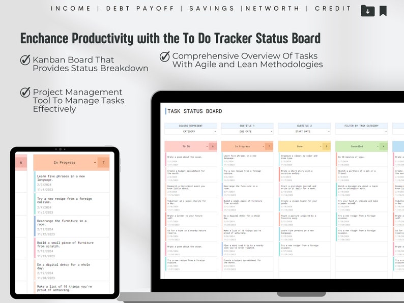 May include: A digital task management board displayed on a laptop and tablet. The screen shows a "To Do Tracker Status Board" with task categories and a list of tasks. The text reads "Enchance Productivity with the To Do Tracker Status Board."