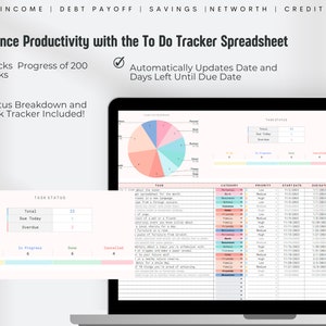 May include: A laptop screen displays a productivity spreadsheet. The spreadsheet tracks progress of 200 tasks, updates dates, and includes a status breakdown. The screen shows charts and tables for task management, with the text "Enchance Productivity with the To Do Tracker Spreadsheet".