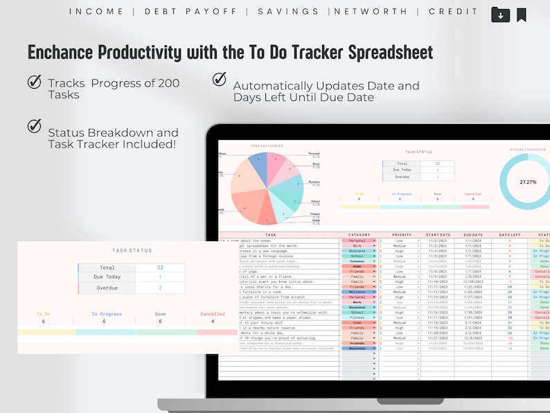 May include: A laptop screen displays a productivity spreadsheet. The spreadsheet tracks progress of 200 tasks, updates dates, and includes a status breakdown. The screen shows charts and tables for task management, with the text "Enchance Productivity with the To Do Tracker Spreadsheet".