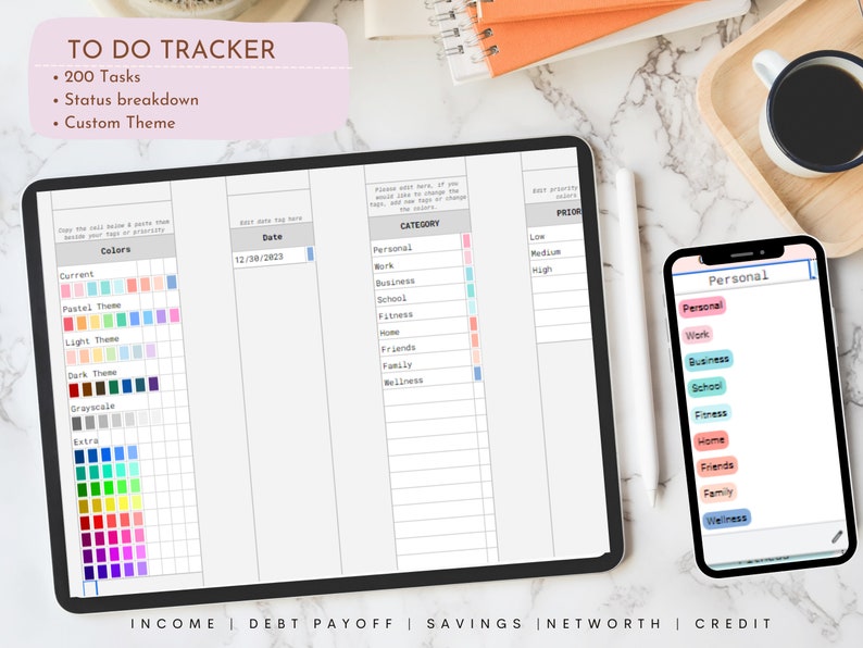 May include: A digital to-do tracker displayed on a tablet and smartphone. The tablet shows a detailed task list with color-coded categories and a date field. The smartphone displays a simplified version of the task categories. The text on the tablet reads "TO DO TRACKER".
