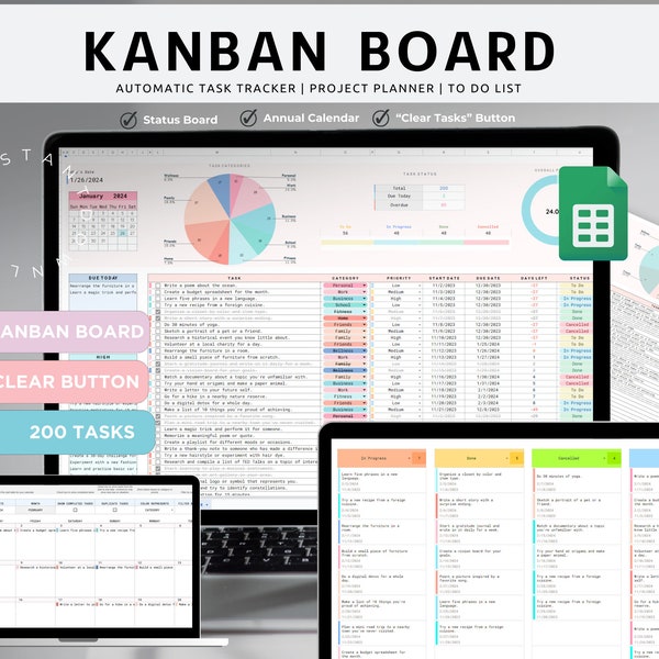 Fogli Google Kanban Board, modello di elenco attività, monitoraggio delle priorità delle attività, strumento di gestione dei progetti, diagramma di Gantt, foglio di calcolo Kanban Planner