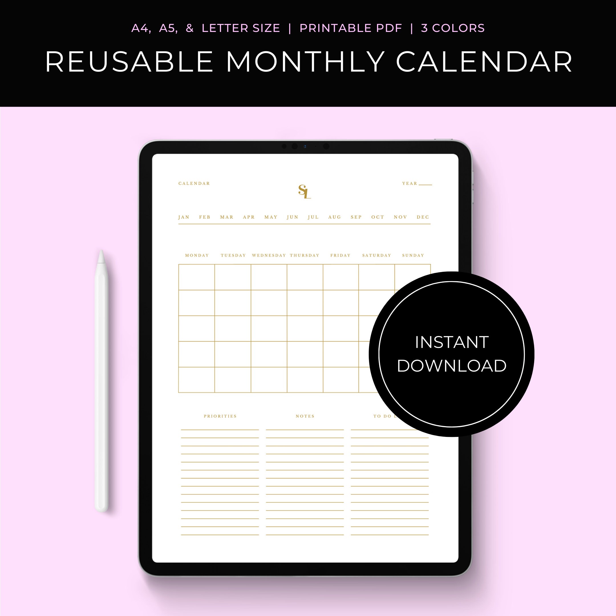 Reusable Monthly Calendar Printable Digital Planner Fill Etsy