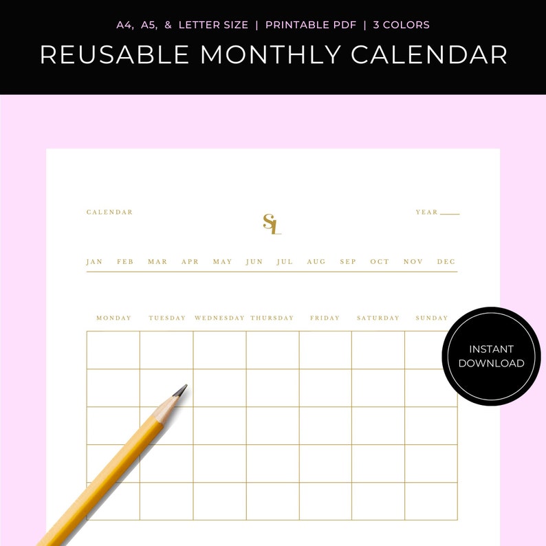 Reusable Monthly Calendar Printable Digital Planner Fill Etsy