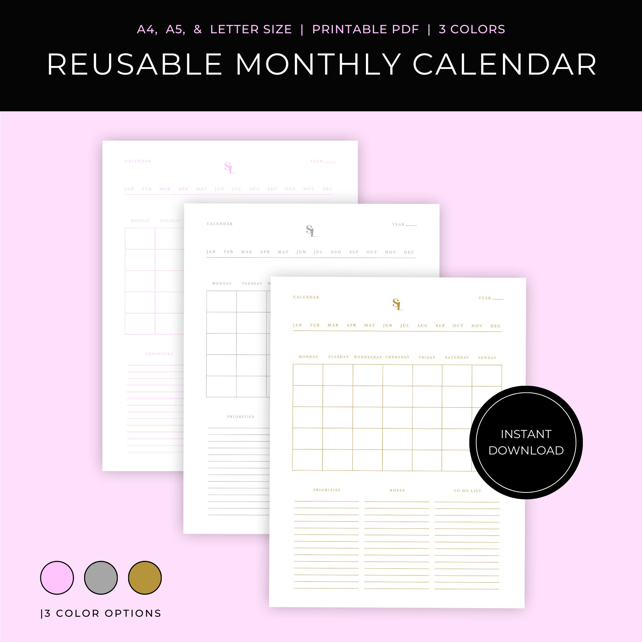 Reusable Monthly Calendar Printable Digital Planner Fill Etsy
