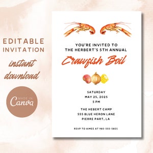Può includere: Invito modificabile per il 5° Crawfish Boil annuale degli Herbert, sabato 25 maggio 2025 alle 17:00. L'evento si terrà al The Hebert Camp, 555 Blue Heron Lane, Pierre Part, LA. Per confermare la tua presenza, contatta Aimee al 985-555-5801.