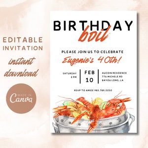 May include: A birthday party invitation featuring a watercolour illustration of a pot of crawfish. The invitation is for Eugenie's 40th birthday and is scheduled for Saturday, 10th February at 2 PM. The address is 776 Michele Rd, Bayou Long, LA. RSVP to Amiee on 985.789.0050.