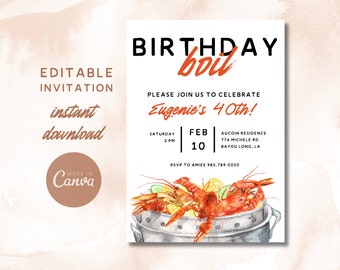 Puede incluir: Una invitación a una fiesta de cumpleaños con una ilustración de acuarela de una olla de cangrejos de río. La invitación es para el cumpleaños número 40 de Eugenie y está programada para el sábado 10 de febrero a las 2:00 PM. La dirección es 776 Michele Rd, Bayou Long, LA. RSVP a Amiee al 985.789.0050.