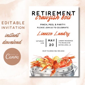 Puede incluir: Invitación a una fiesta de jubilación con una ilustración de acuarela de una olla de hervido de cangrejo de río. La invitación dice "Retirement crawfish boil" e incluye la fecha, la hora y el lugar del evento. También se incluye la información de RSVP.