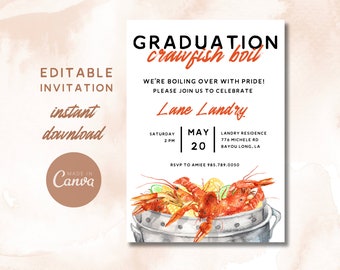 May include: A graduation party invitation featuring a watercolour illustration of a crawfish boil. The invitation is for Lane Landry and is scheduled for Saturday, 20th May at 2 PM. The address is 776 Michele Rd, Bayou Long, LA. RSVP to Amiee at 985.789.0050.
